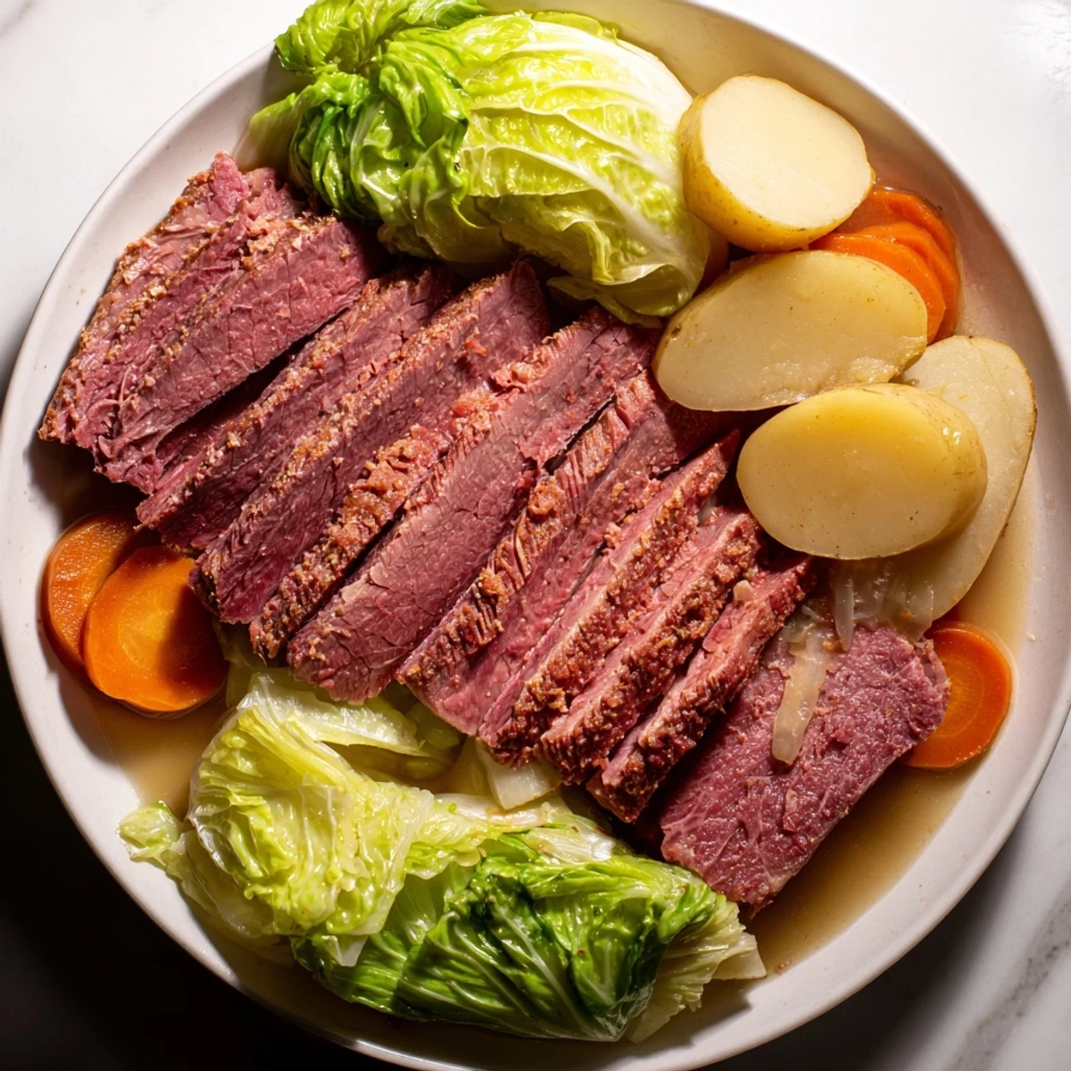 A hearty Corned Beef and Cabbage Dinner Platter with sliced brisket, tender potatoes, carrots, and cabbage wedges served on a large dish.