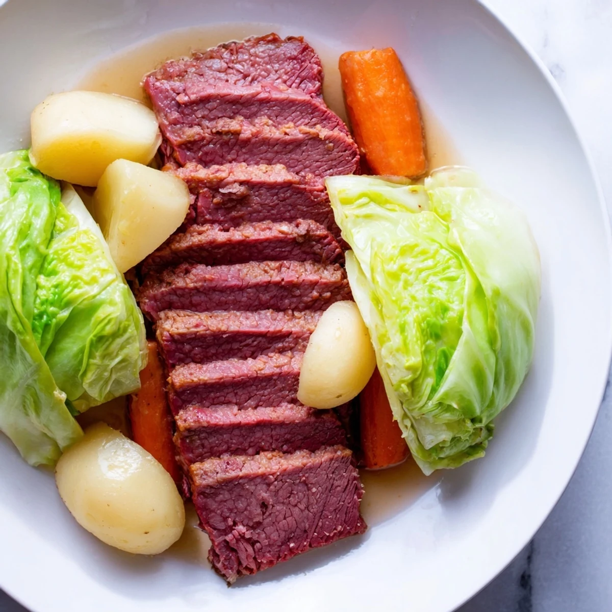 A close-up of Corned Beef and Cabbage Dinner Platter showing juicy sliced brisket, golden potatoes, and bright green cabbage with a savory broth.