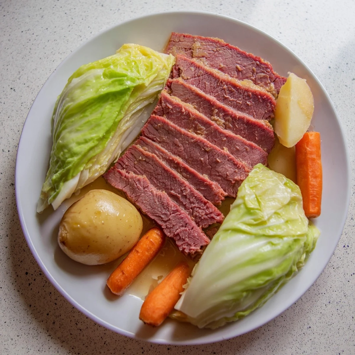 Savory Corned Beef and Cabbage Dinner Platter arranged with root vegetables and cabbage, ready to serve as a classic Irish-American family meal.
