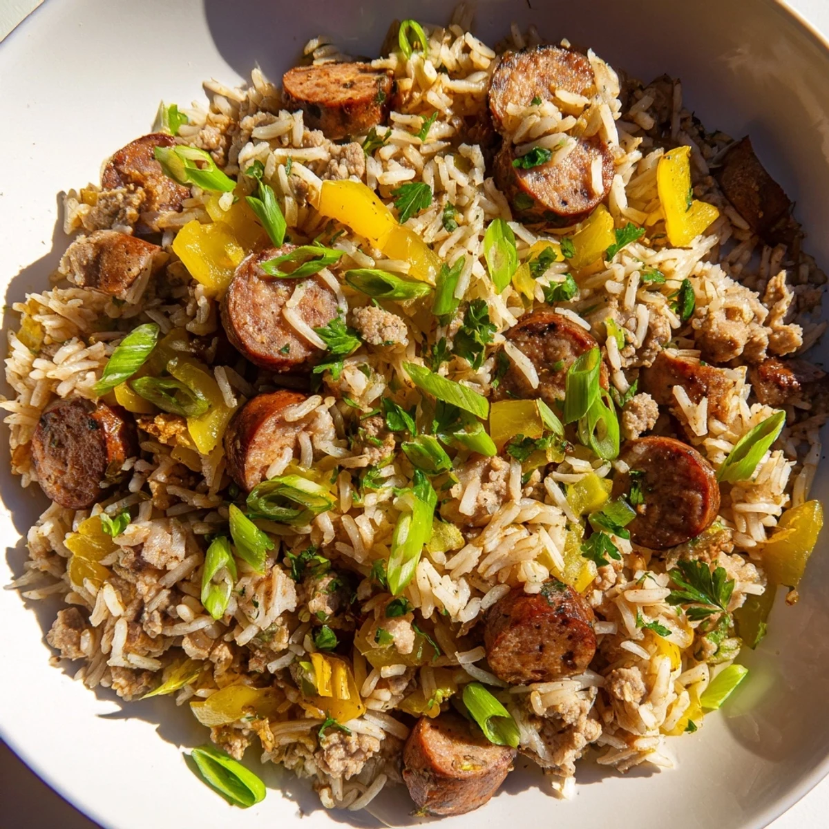 Mardi Gras Dirty Rice with Sausage in a cast iron skillet, featuring savory Andouille and fluffy rice.