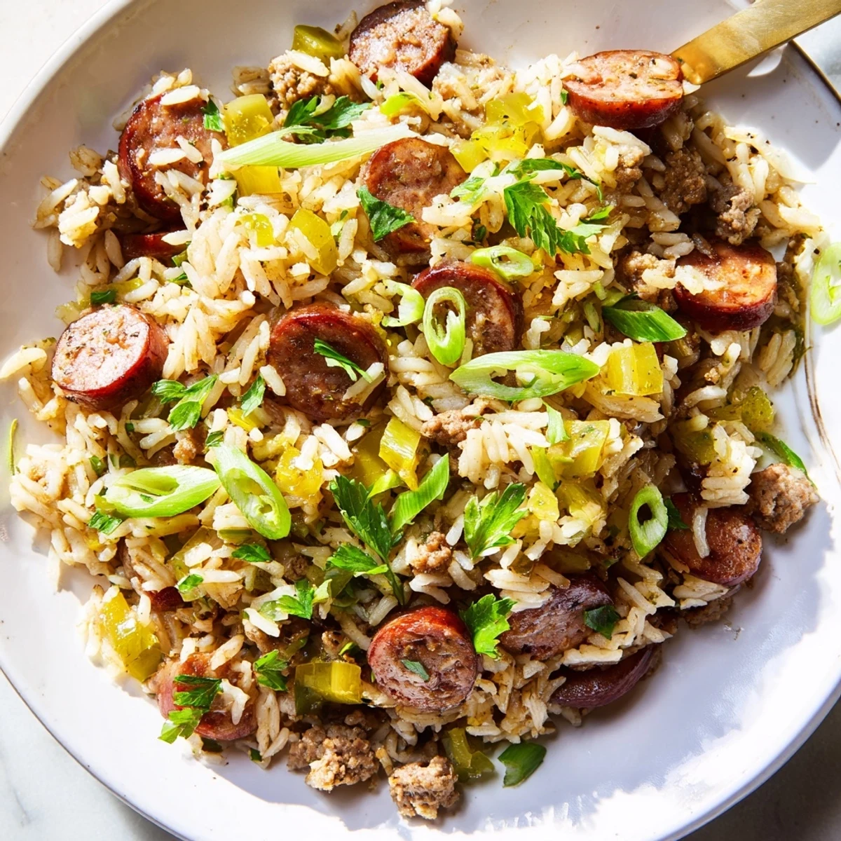 Steaming plate of Mardi Gras Dirty Rice with Sausage, garnished with fresh parsley and green onions.
