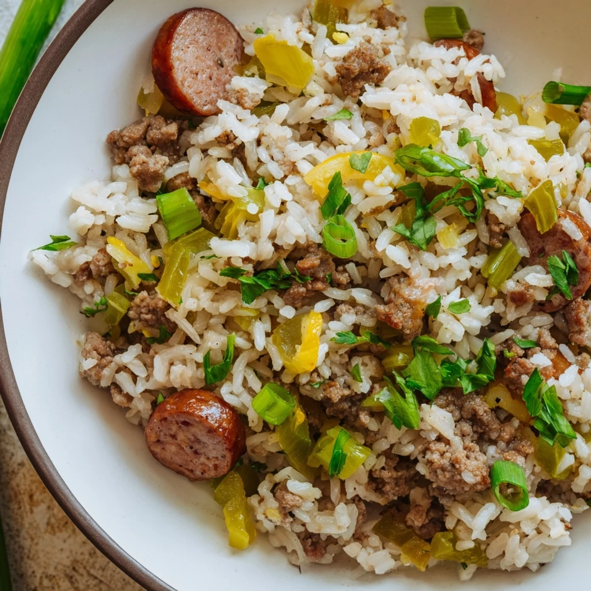 Festive serving of Mardi Gras Dirty Rice with Sausage alongside cornbread and collard greens on a table.
