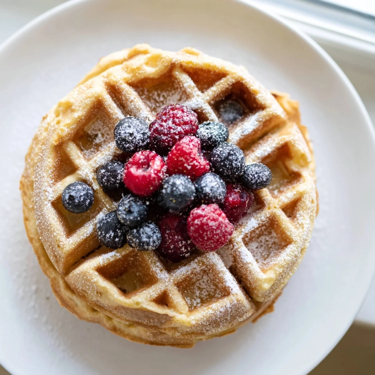 Golden brown Lemon Ricotta Waffles with fresh berries and a dusting of powdered sugar on a plate.