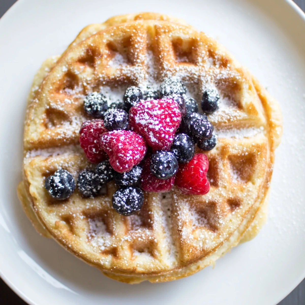 Fluffy Lemon Ricotta Waffles topped with maple syrup drizzle and extra lemon zest near a coffee mug.
