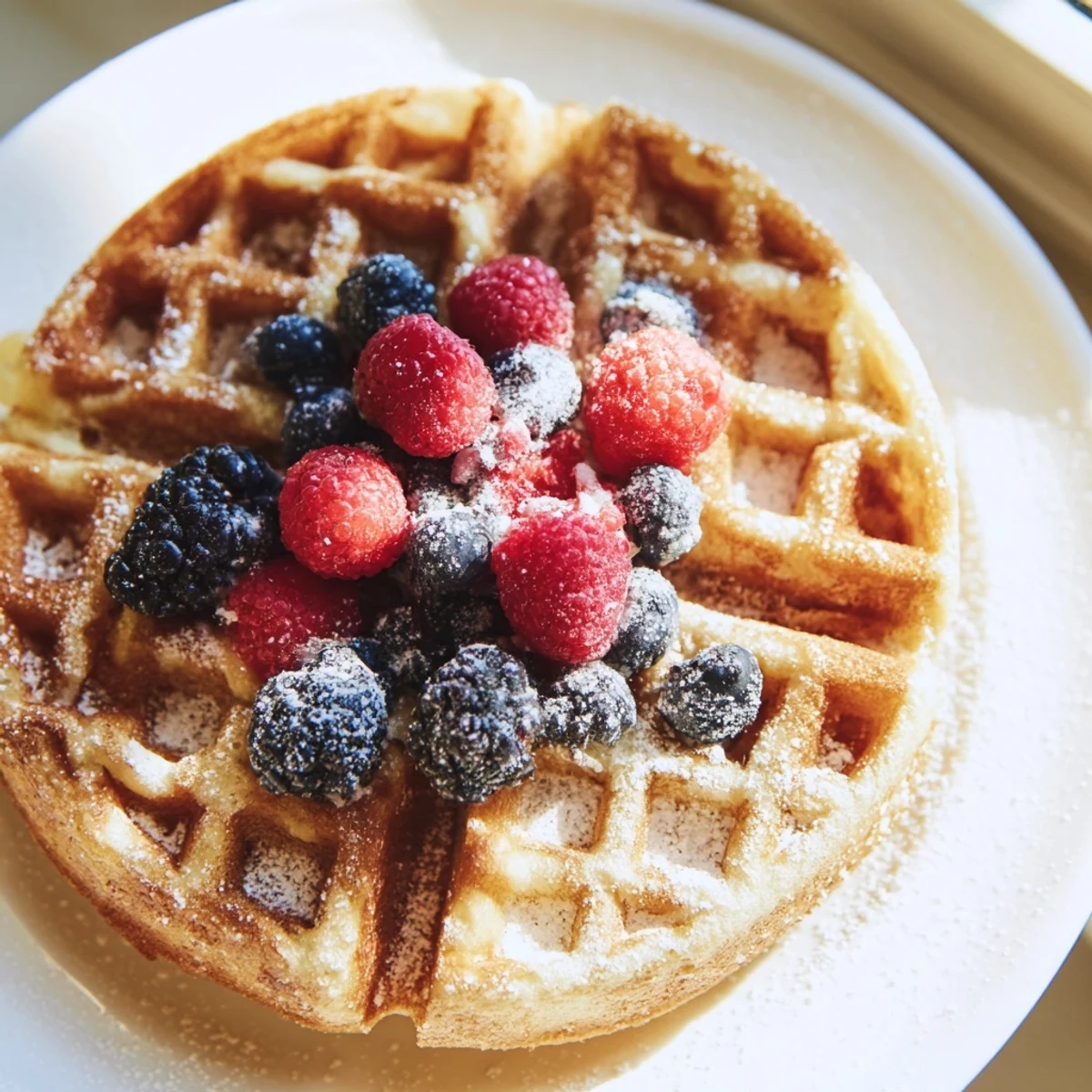 A stack of warm Lemon Ricotta Waffles served with a side of fresh strawberries and a pat of butter.