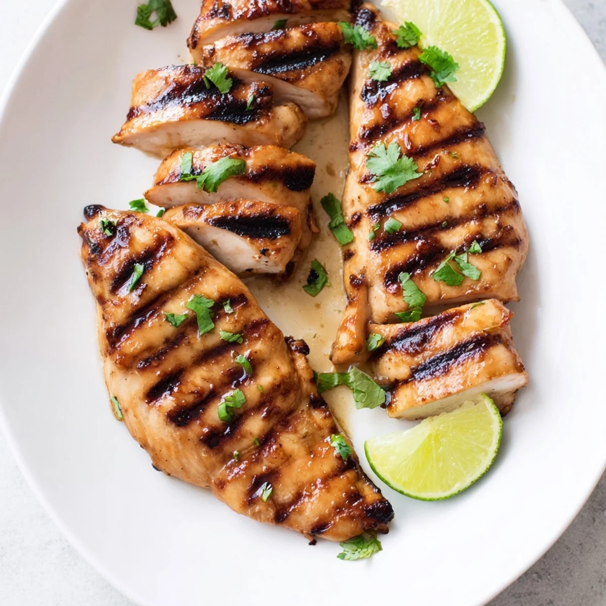Grilled Spicy Honey Lime Chicken breasts glazed with sticky honey and lime on a plate.