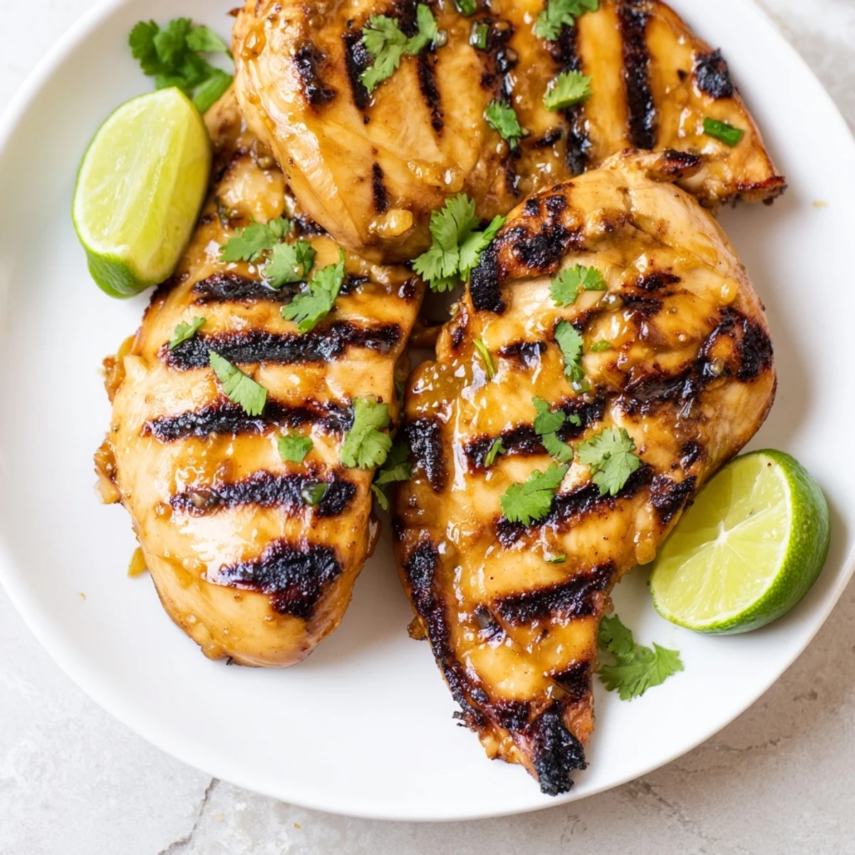Close up of Spicy Honey Lime Chicken showing juicy texture and charred grill marks.