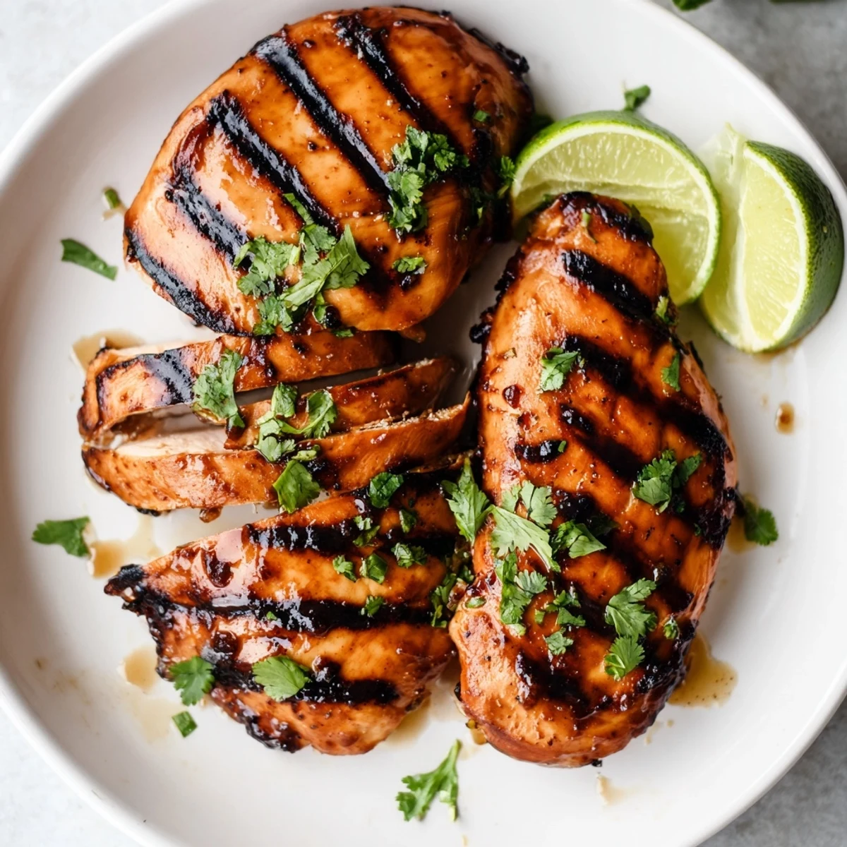 Slice of Spicy Honey Lime Chicken with cilantro garnish and lime wedges on the side.