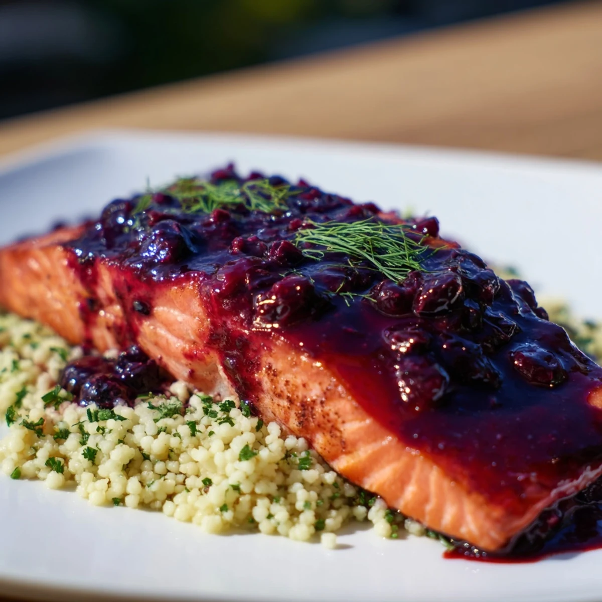 Succulent glazed salmon fillets with lemon herb couscous, served on a white plate with vibrant blueberry sauce.