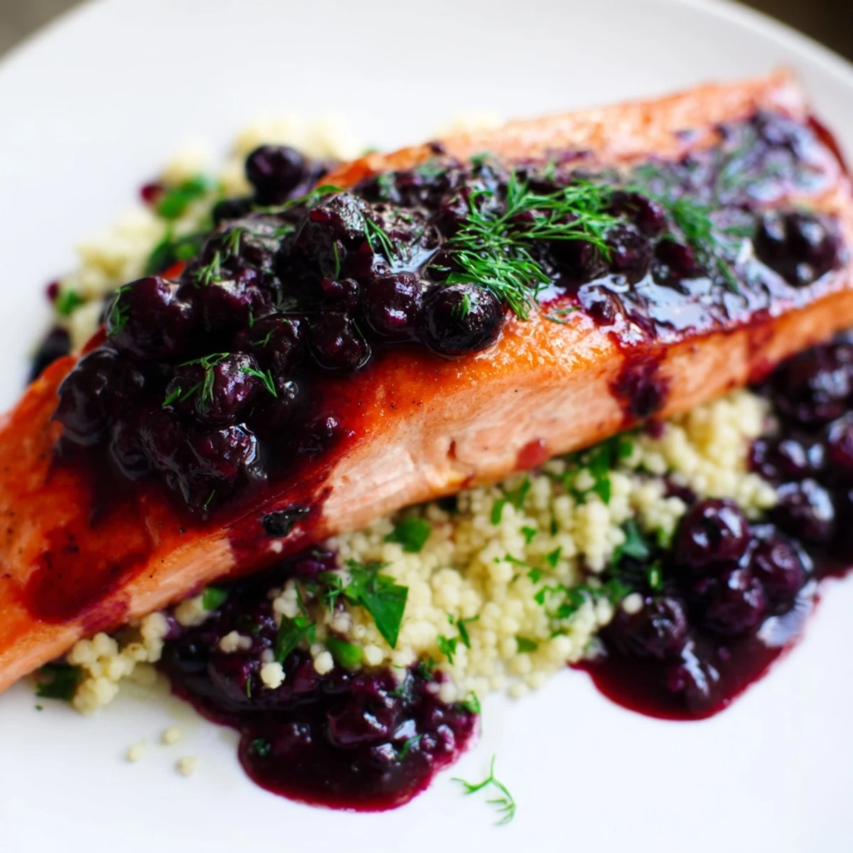 Warm baked Blueberry Glazed Salmon with Lemon Herb Couscous beside a glass of white wine for a dinner party.