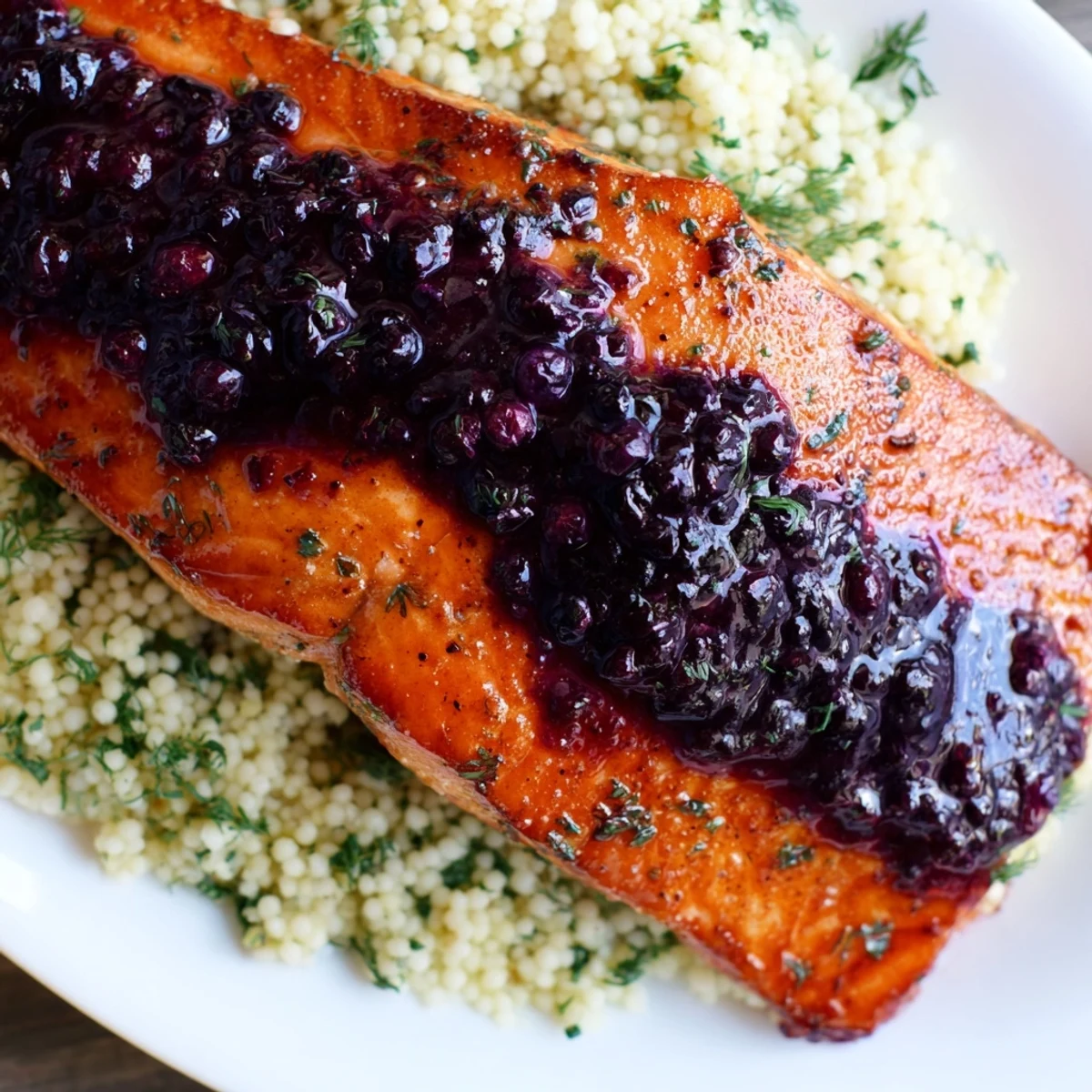 Fork-tender salmon topped with glossy blueberry glaze and fluffy couscous, garnished with fresh parsley and lemon wedges.