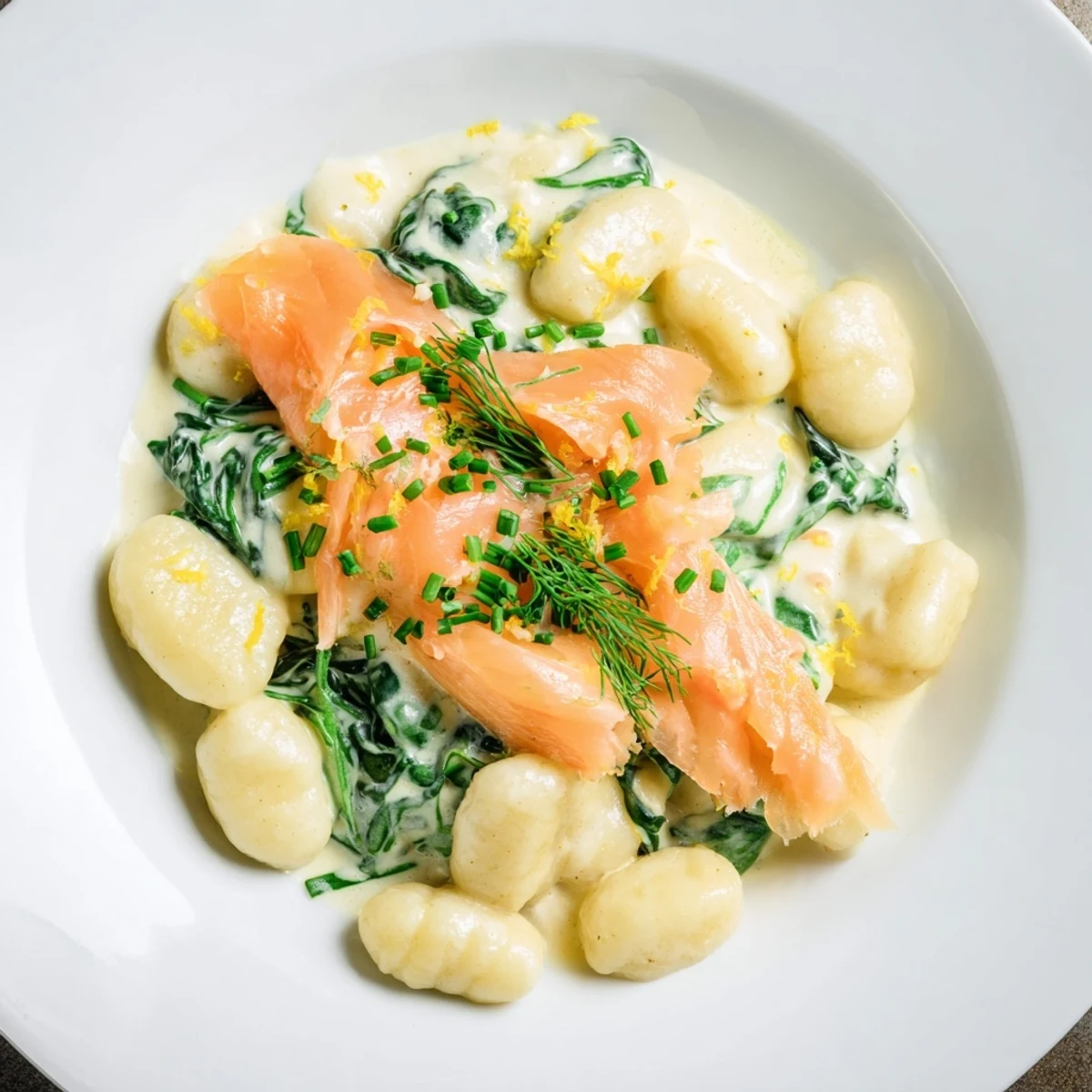 SteamingHealthy Smoked Salmon Gnocchi in a creamy dill sauce with wilted spinach on a white plate.