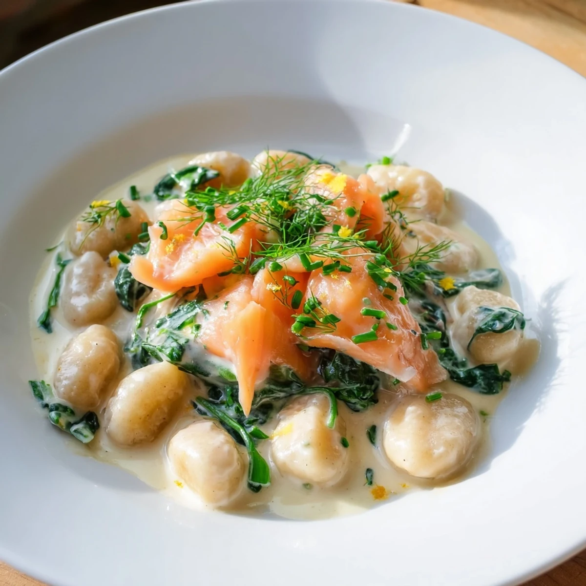 Healthy Smoked Salmon Gnocchi plated with fresh chives, spinach, and a glass of white wine.