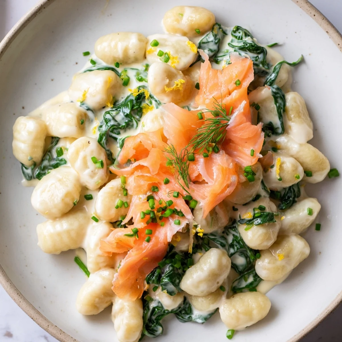 Fork readyHealthy Smoked Salmon Gnocchi with flaky salmon ribbons and lemon wedges on a rustic table.