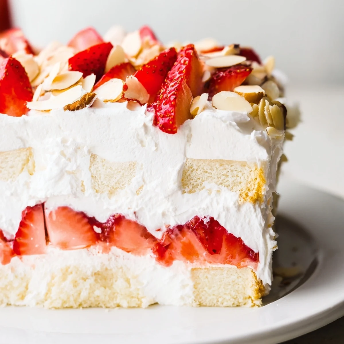 A vibrant slice of Heaven on Earth Cake shows layered angel food cake, creamy vanilla pudding, and glossy strawberry filling in a clear glass dish.