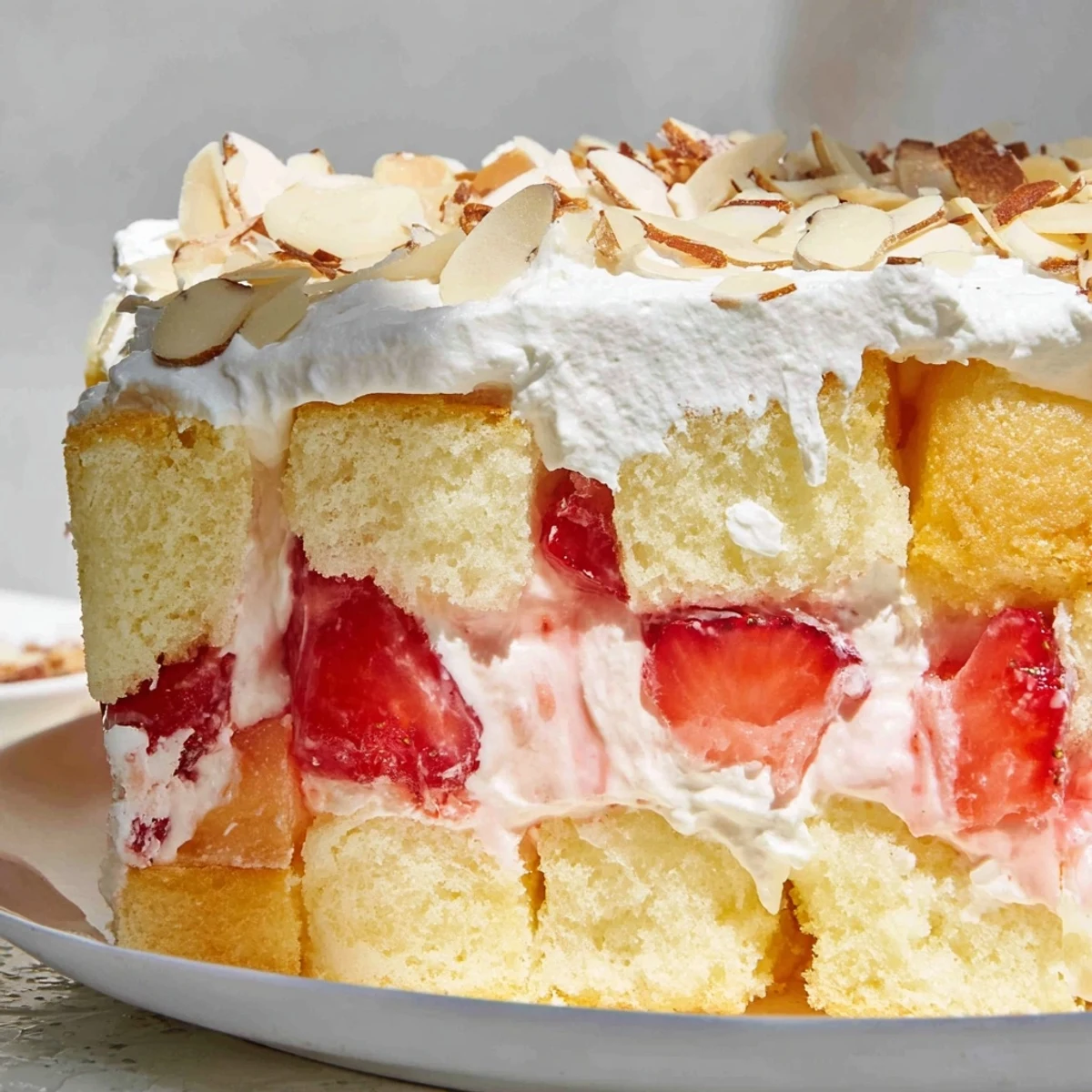 Festive Heaven on Earth Cake served chilled with fresh strawberry slices and almond slivers, perfect for a summer potluck or backyard barbecue.