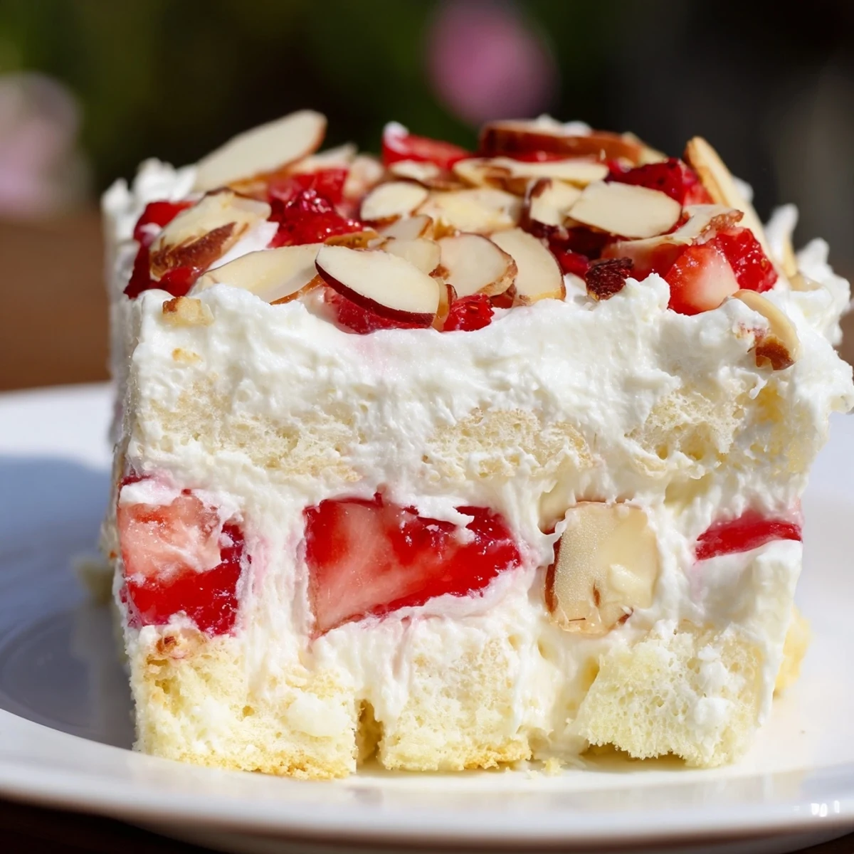 Close-up of Heaven on Earth Cake revealing fluffy cake cubes, rich pudding cream, and ruby-red strawberry pie filling, ready to enjoy after chilling.