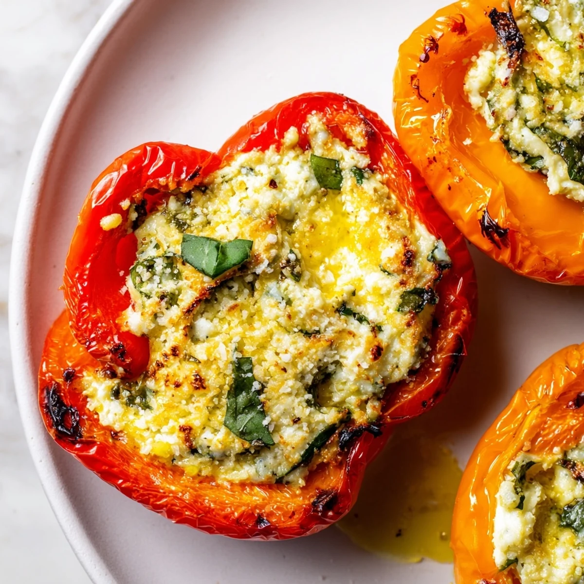 A vibrant serving of Ricotta Stuffed Peppers on a white plate, garnished with parsley and lemon zest.