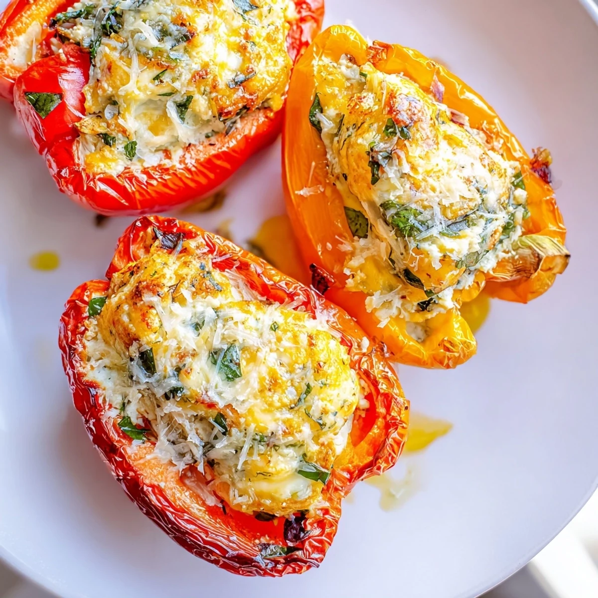 A close-up of halved bell peppers filled with creamy ricotta and herbs for a vegetarian main dish.