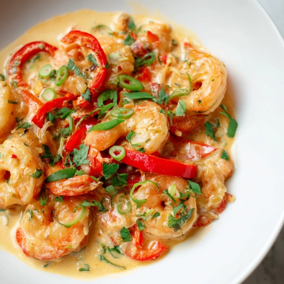 Garlic Shrimp in Coconut Milk simmering in a creamy white sauce with garlic and red bell pepper in a skillet.