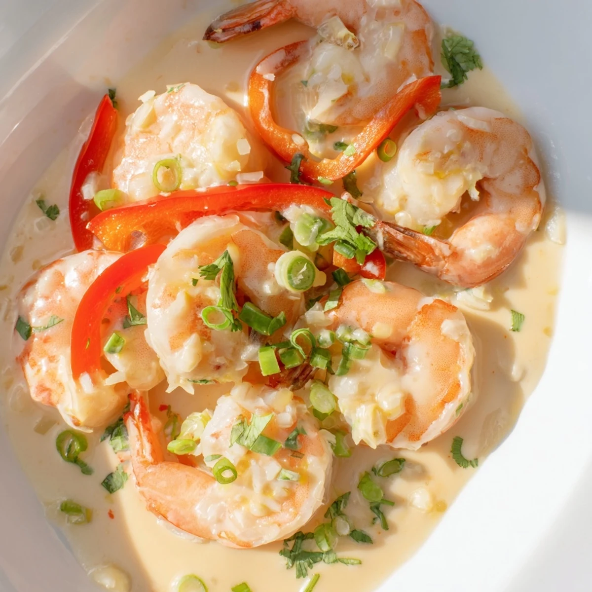 A close-up of Garlic Shrimp in Coconut Milk topped with fresh cilantro and green onions beside fluffy jasmine rice.