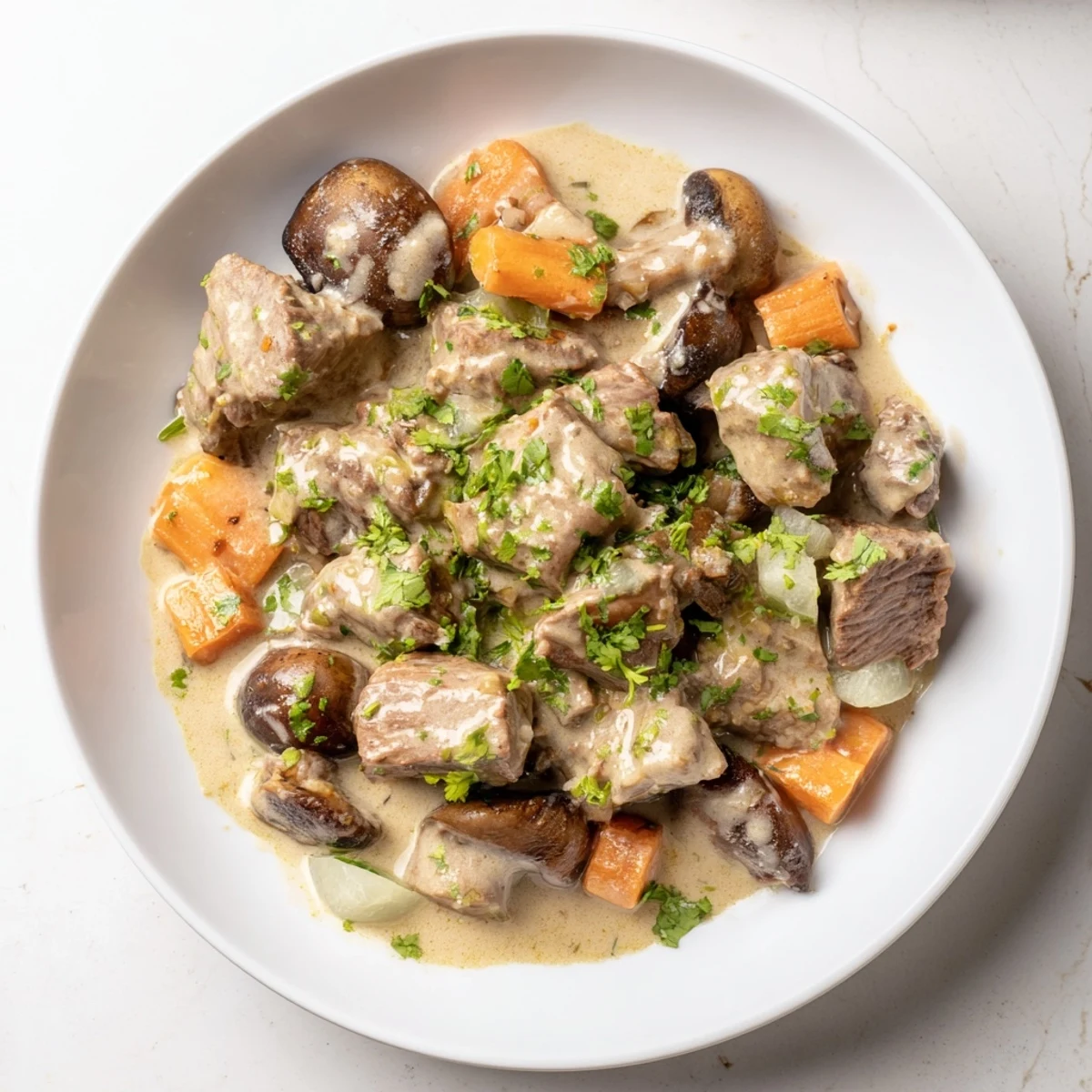 Steaming bowl of Lemongrass Coconut Braised Beef with Mushrooms served over white rice.