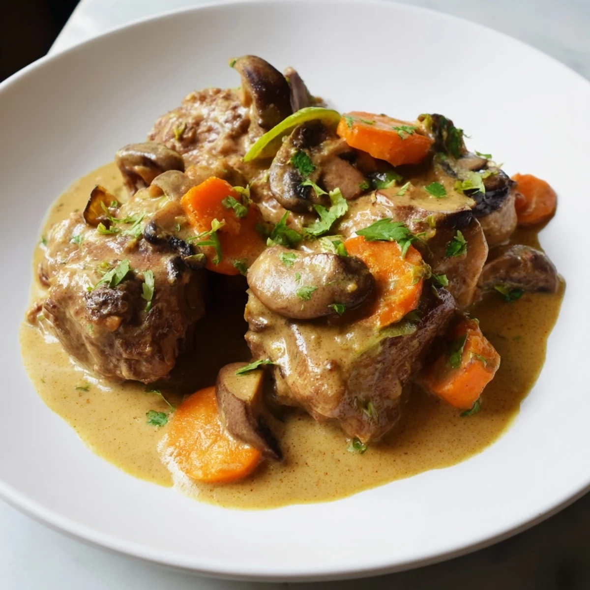 Tender beef cubes in Lemongrass Coconut Braised Beef with Mushrooms glisten in rich broth.