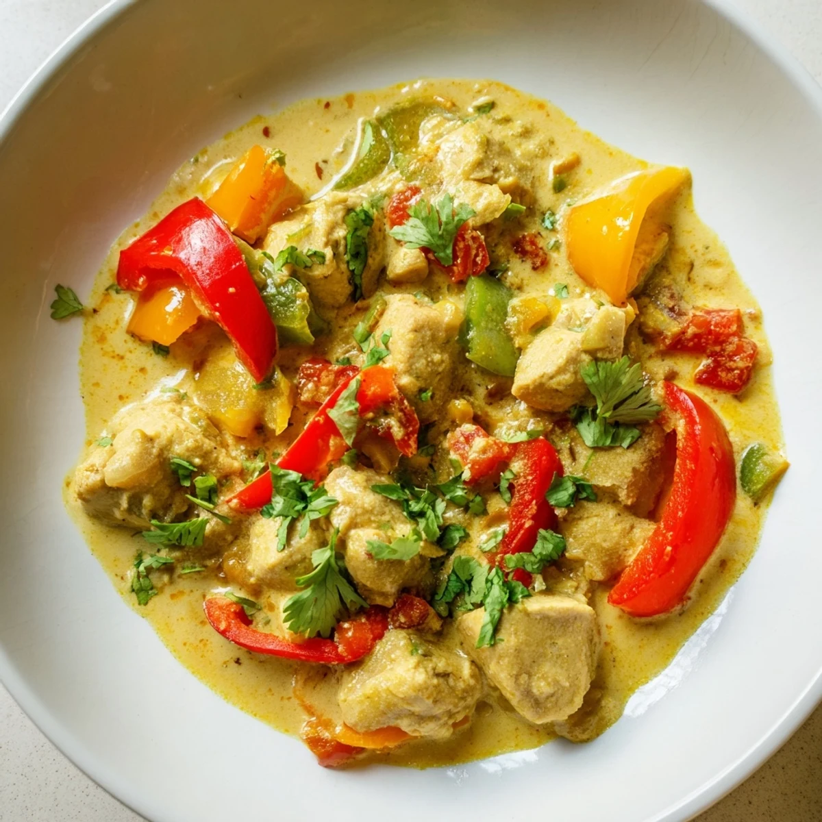 Aromatic Brazilian Coconut Chicken in a rustic skillet garnished with fresh cilantro, served alongside fluffy white rice.