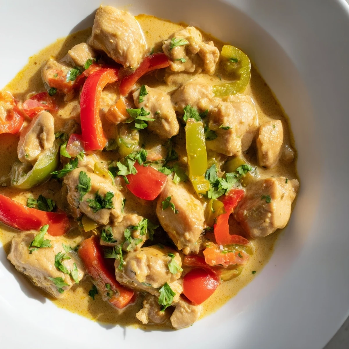 Sizzling golden Brazilian Coconut Chicken pieces simmer in creamy coconut milk sauce with vibrant red and green bell peppers.