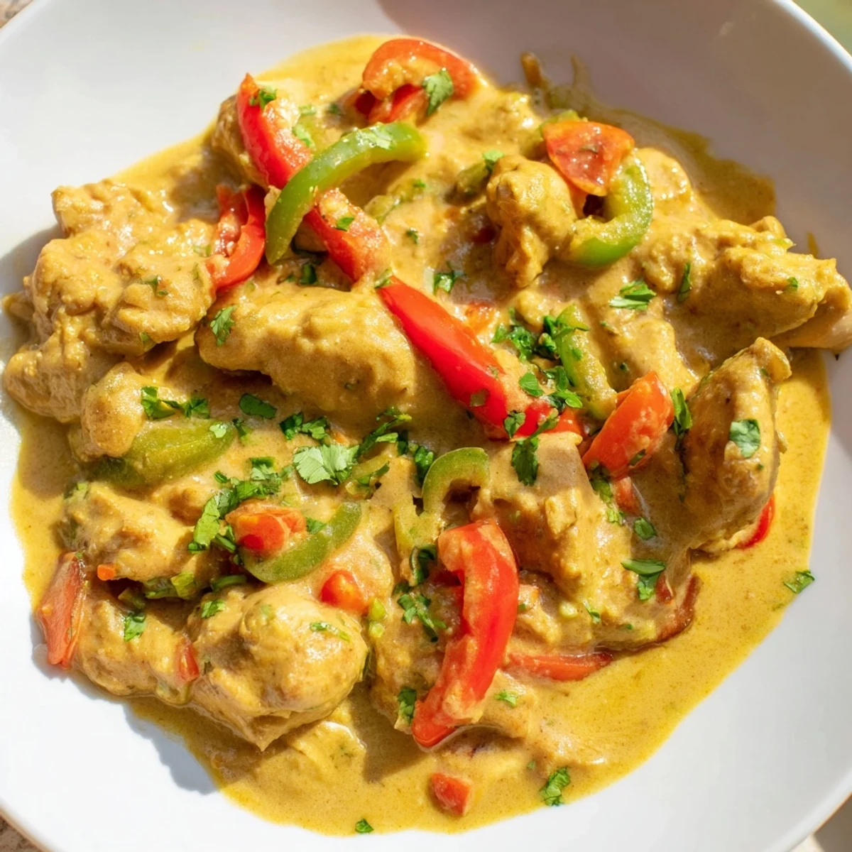 Close-up of tender Brazilian Coconut Chicken coated in a thick, spiced sauce with lime wedges on the side.