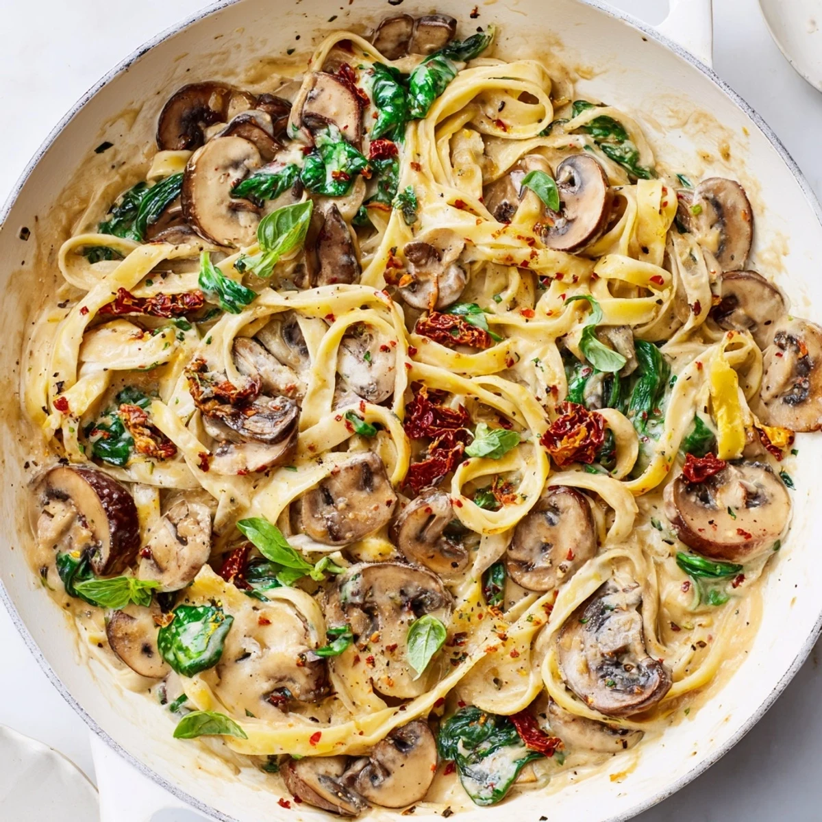 Creamy Tuscan Mushroom Pasta Skillet with sautéed cremini mushrooms and wilted spinach in a rich Parmesan sauce.