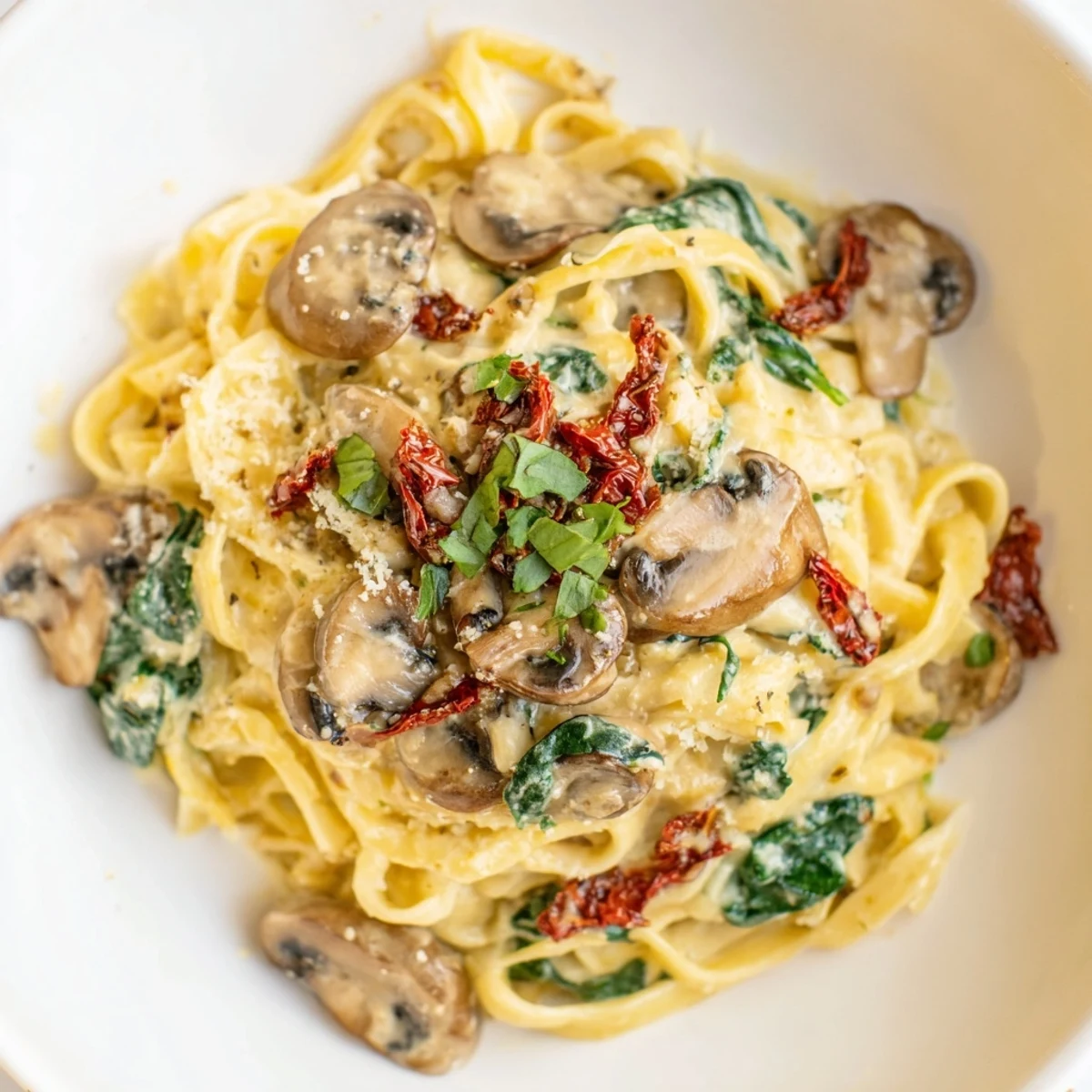 Warm Creamy Tuscan Mushroom Pasta Skillet garnished with fresh basil and sun-dried tomatoes beside crusty bread.