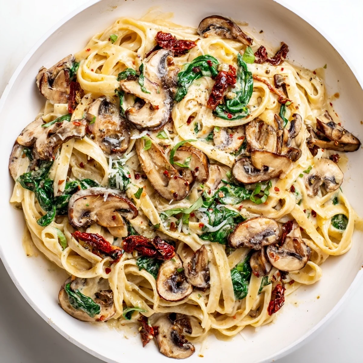Serving suggestion for Creamy Tuscan Mushroom Pasta Skillet with golden pasta and creamy sauce in a skillet.