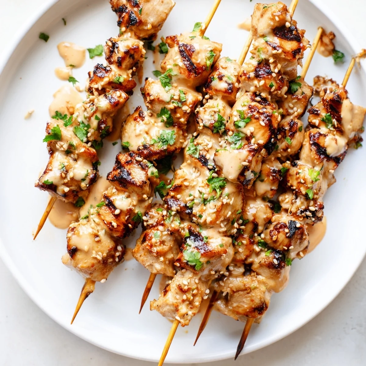 Golden-brown Bang Bang Chicken Skewers glisten with creamy sauce, garnished with fresh cilantro and sesame seeds on a rustic plate.