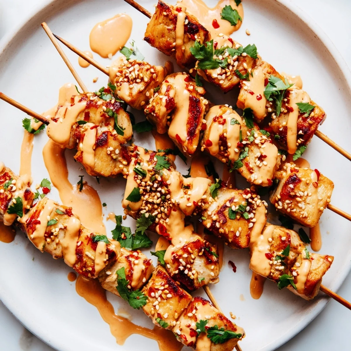 Vivid photo of juicy Bang Bang Chicken Skewers on a platter, perfect for a quick weeknight dinner or party appetizer.