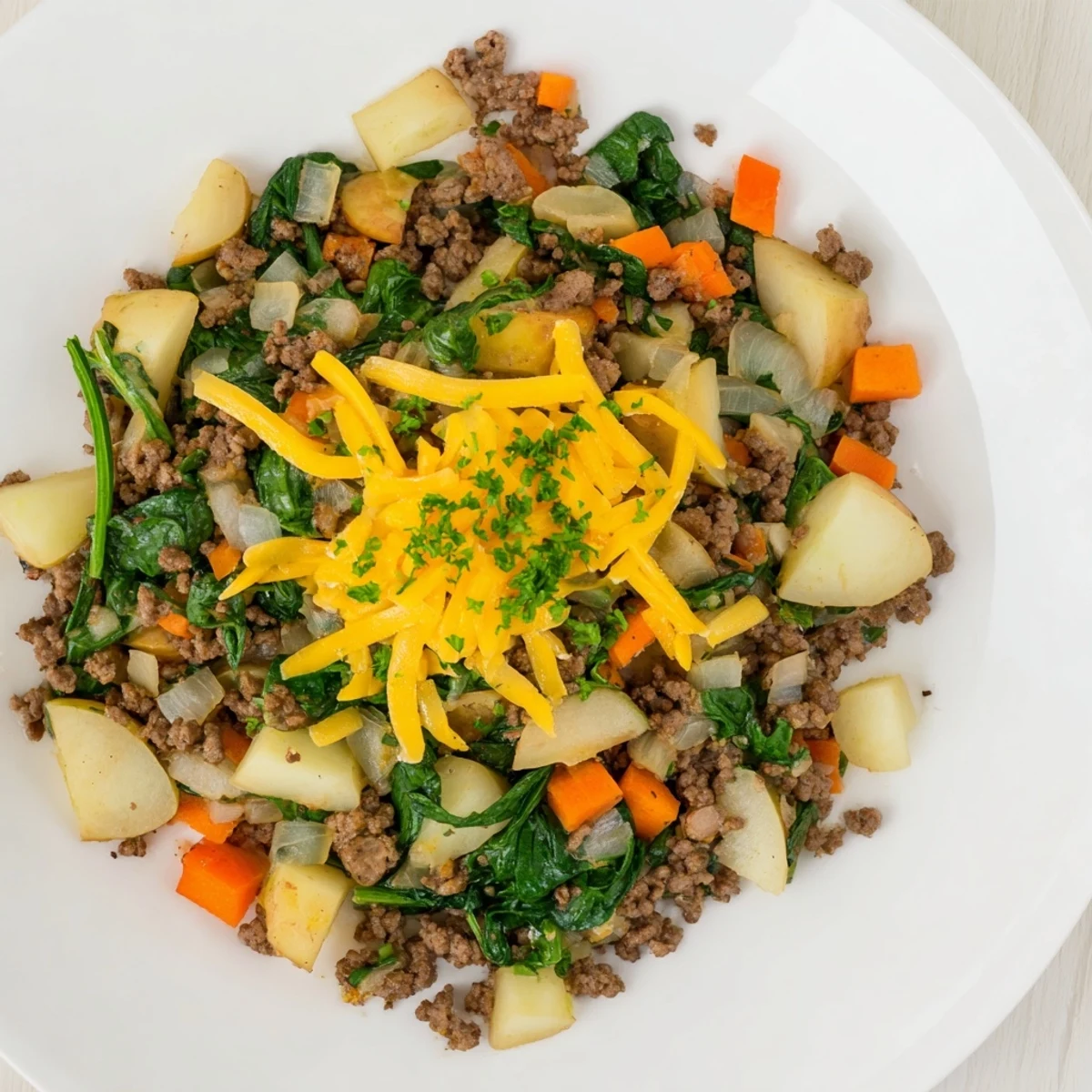 Steaming High Protein Ground Beef and Potatoes in a skillet, with carrots and spinach visible on top.