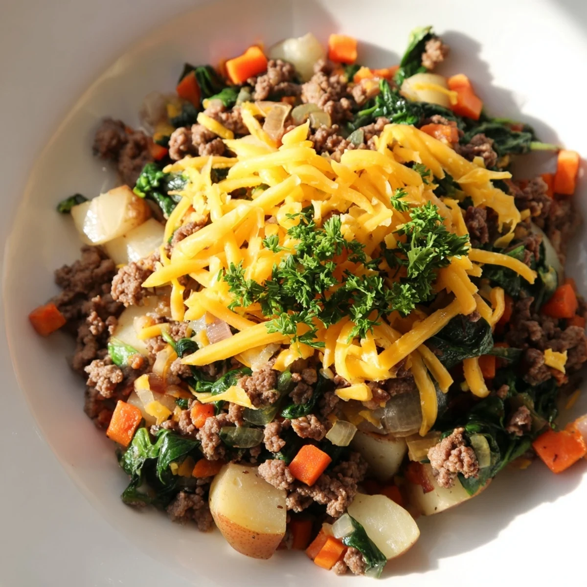 Hearty High Protein Ground Beef and Potatoes served hot, garnished with parsley and optional melted cheese.