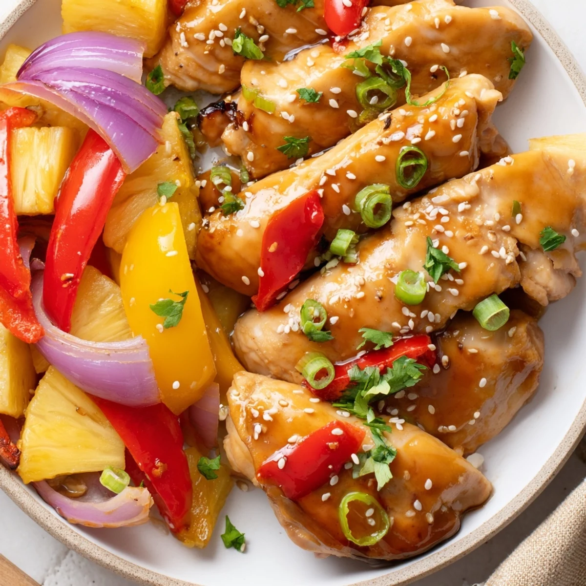 Golden-brown chicken breasts and vibrant bell peppers glistening with tangy sauce on a sheet pan, paired with roasted pineapple chunks for a Marry Me Sheet Pan Hawaiian Chicken meal.