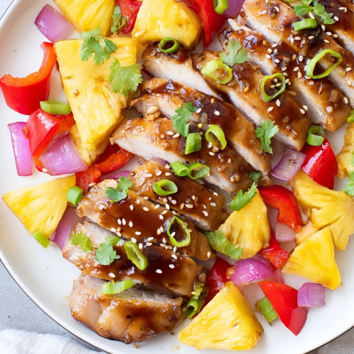 Close-up of baked Marry Me Sheet Pan Hawaiian Chicken, featuring juicy chicken, caramelized pineapple, and colorful peppers, ready to be served over a bed of fluffy white rice.
