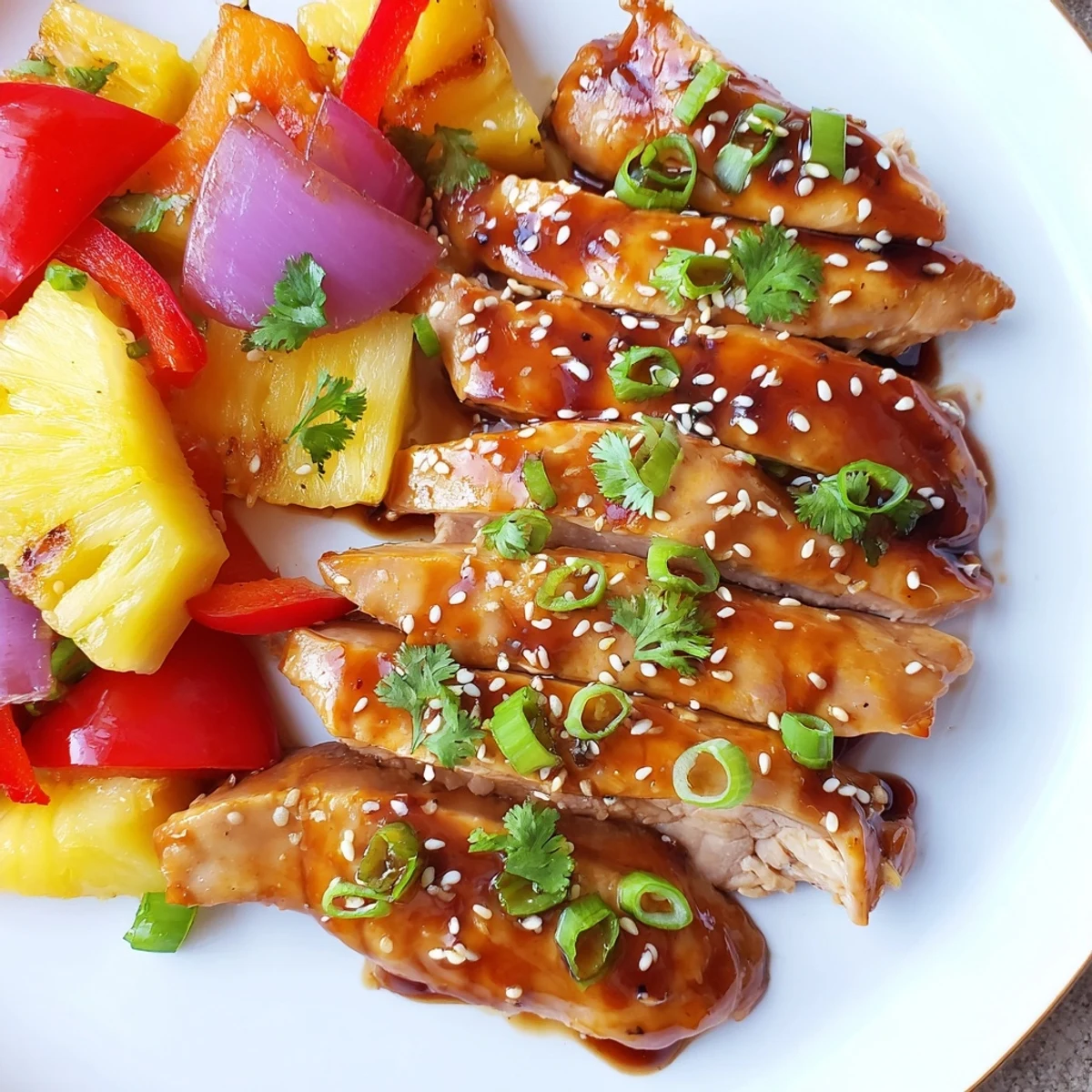 A rustic wooden table displays a freshly baked Marry Me Sheet Pan Hawaiian Chicken garnished with cilantro and sesame seeds, surrounded by pineapple and peppers for a tropical dinner.