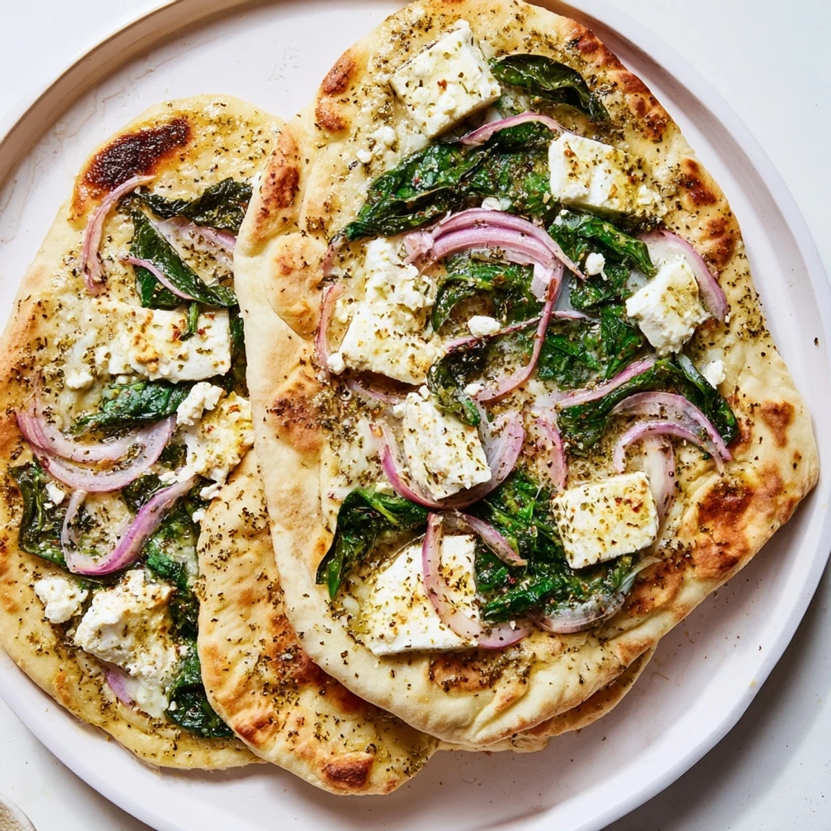 Spinach and Feta Flatbread Pizza with melted cheese and golden crispy edges on a baking sheet.  