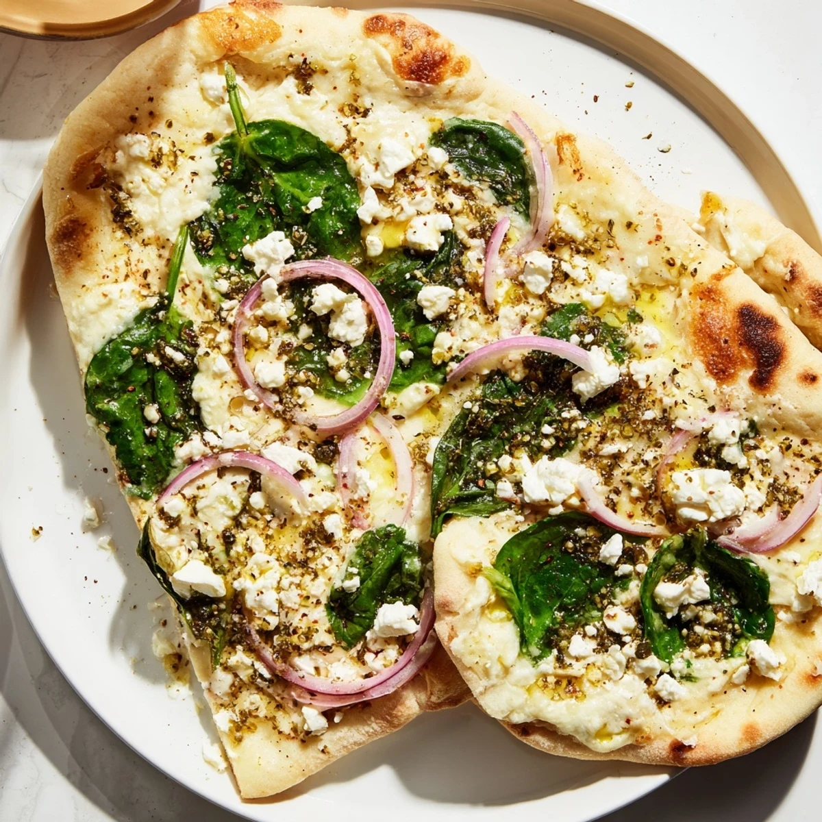 Sliced Spinach and Feta Flatbread Pizza served on a white plate with red onion.