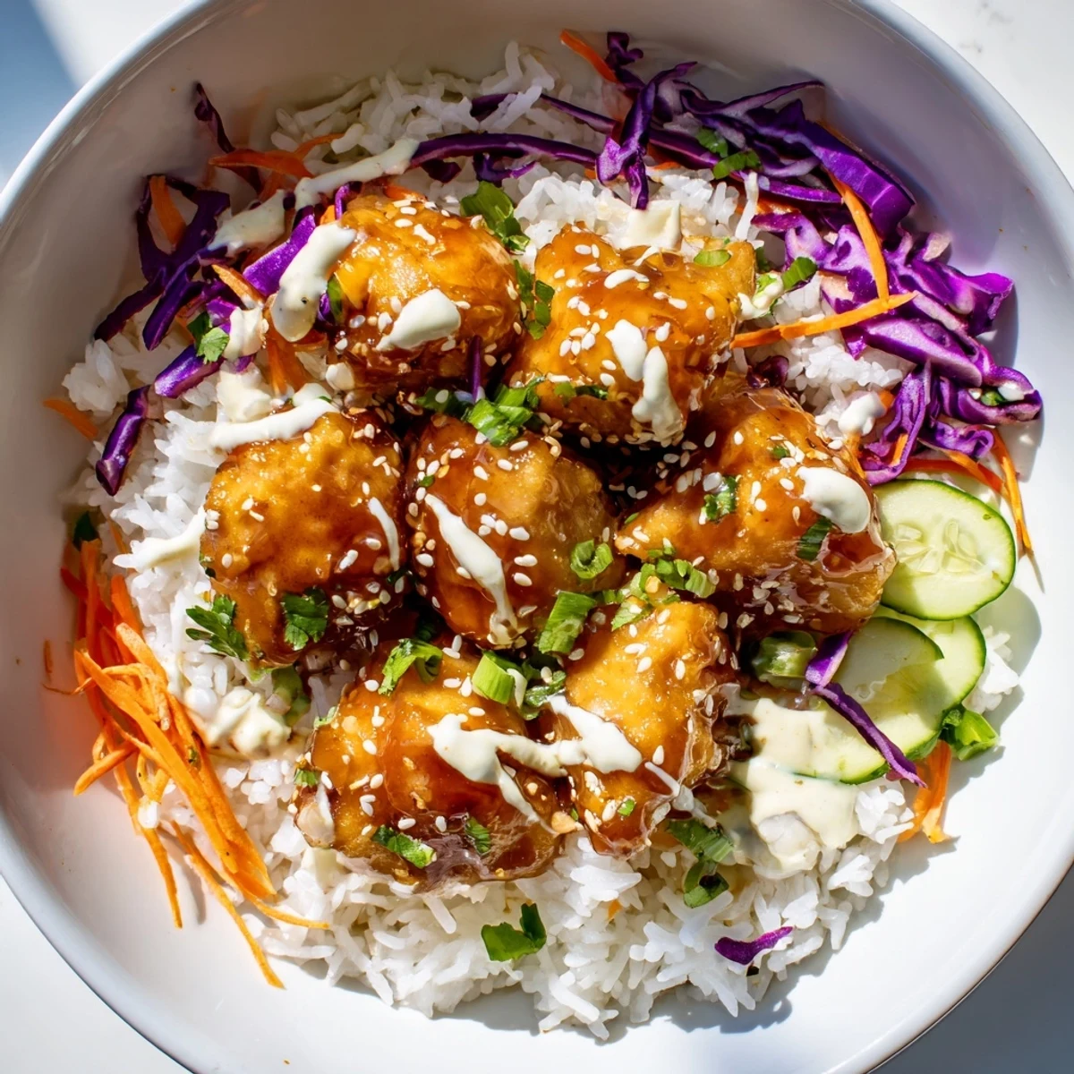 Golden glazed sweet chili chicken pieces glisten atop fluffy jasmine rice in a colorful bowl, accompanied by crisp purple cabbage, carrots, and cucumber slices.