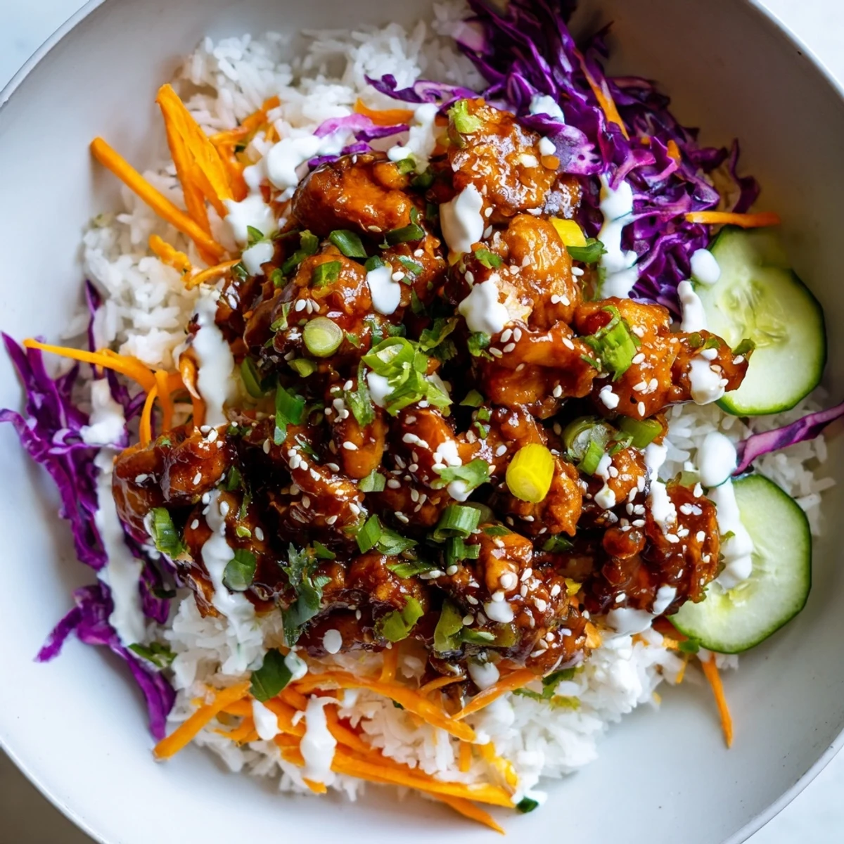 The Marry Me Sweet Chili Chicken Bowl showcases tender chicken coated in sticky sauce, resting on a bed of vibrant vegetables and garnished with fresh cilantro.