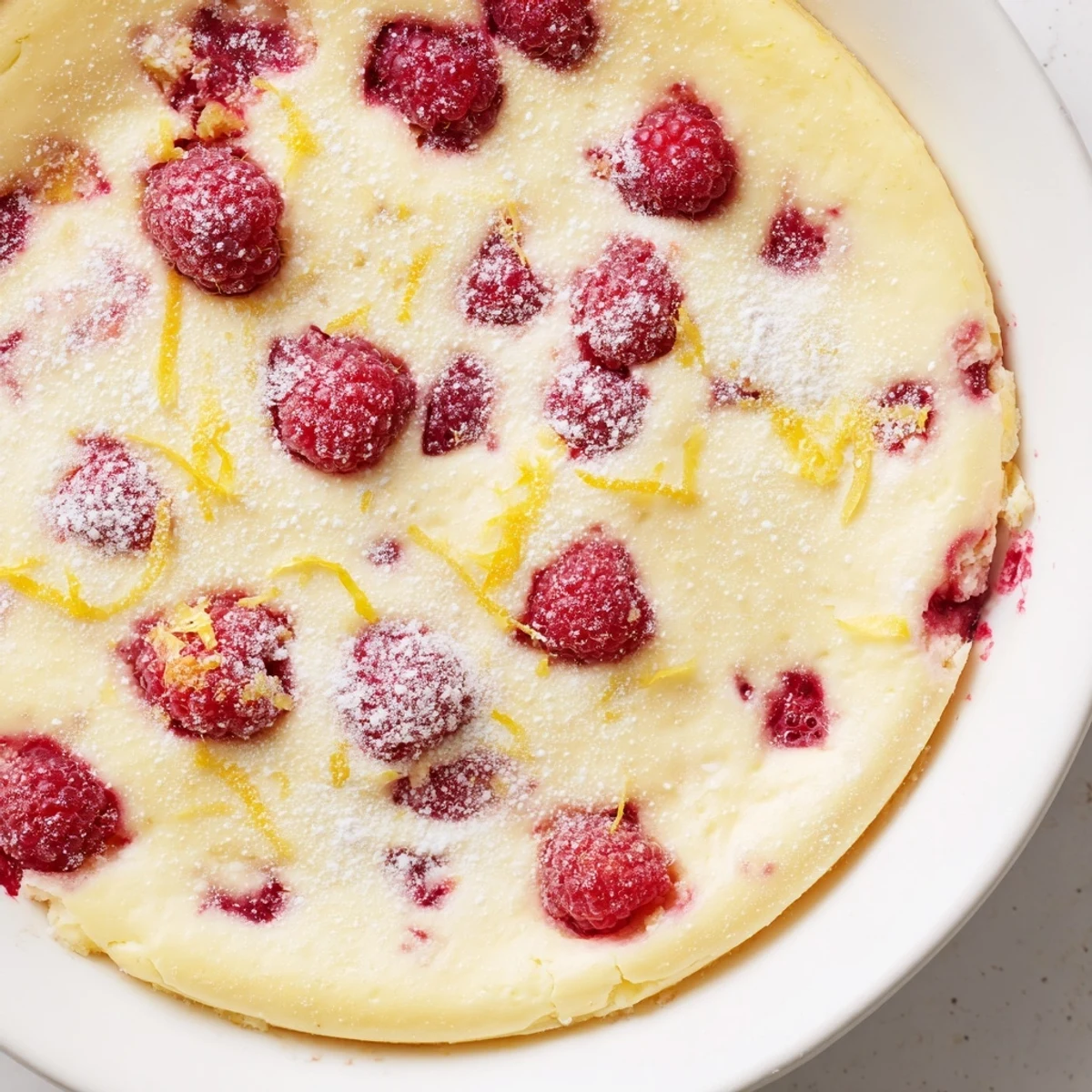 Golden Lemon Raspberry Cottage Cheese Bake with fresh raspberries and powdered sugar on a rustic plate.