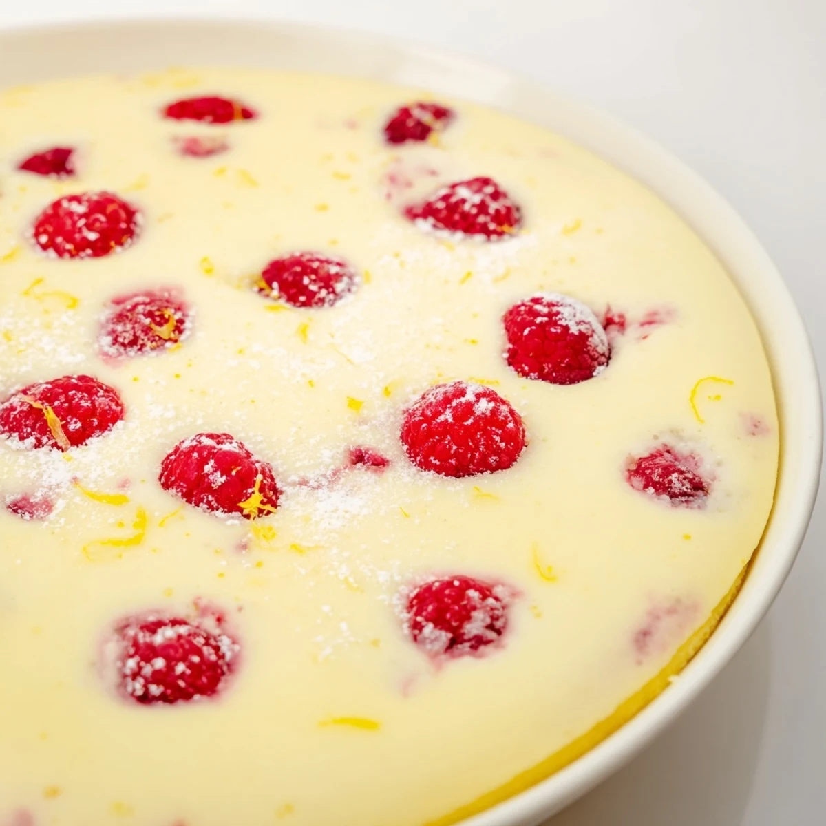 A slice of Lemon Raspberry Cottage Cheese Bake reveals creamy texture and lemon zest.