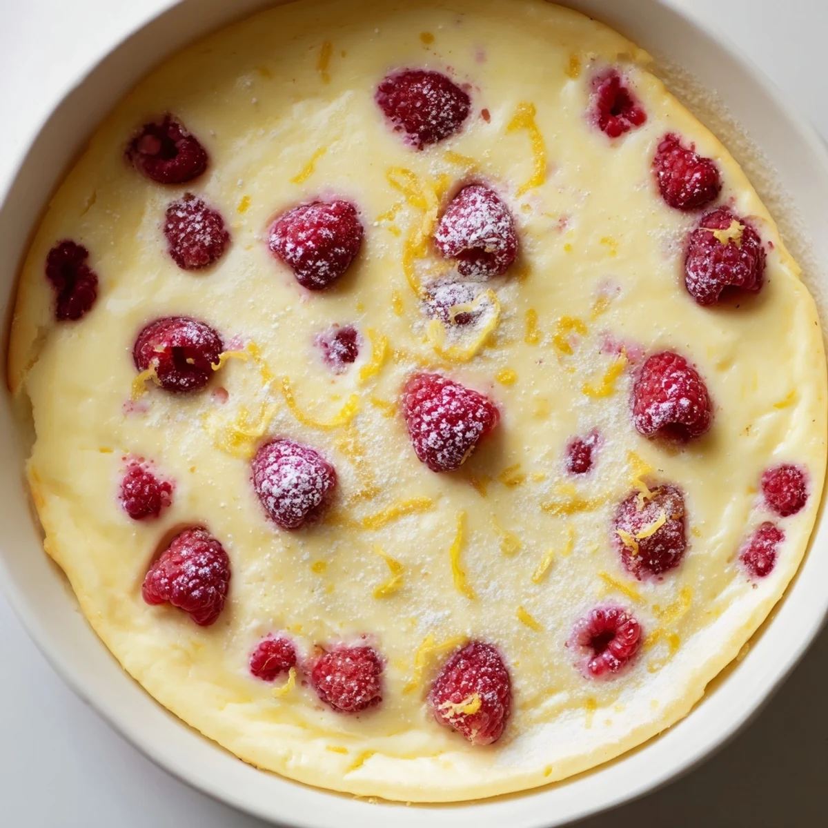 Freshly baked Lemon Raspberry Cottage Cheese Bake topped with extra berries, perfect for brunch.