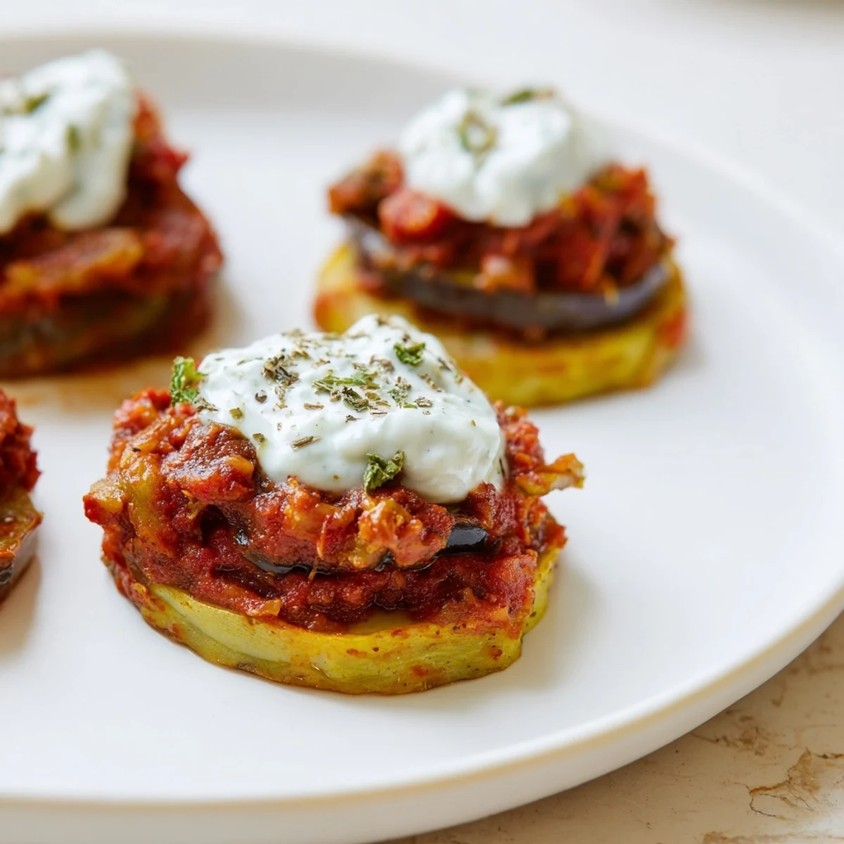Fried eggplant slices layered with a spiced tomato sauce and creamy Greek yogurt in a Borani Banjan dish.