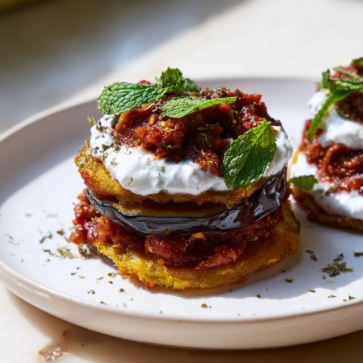 Borani Banjan served hot with Afghan naan bread alongside vibrant herbs, perfect for a vegetarian dinner.