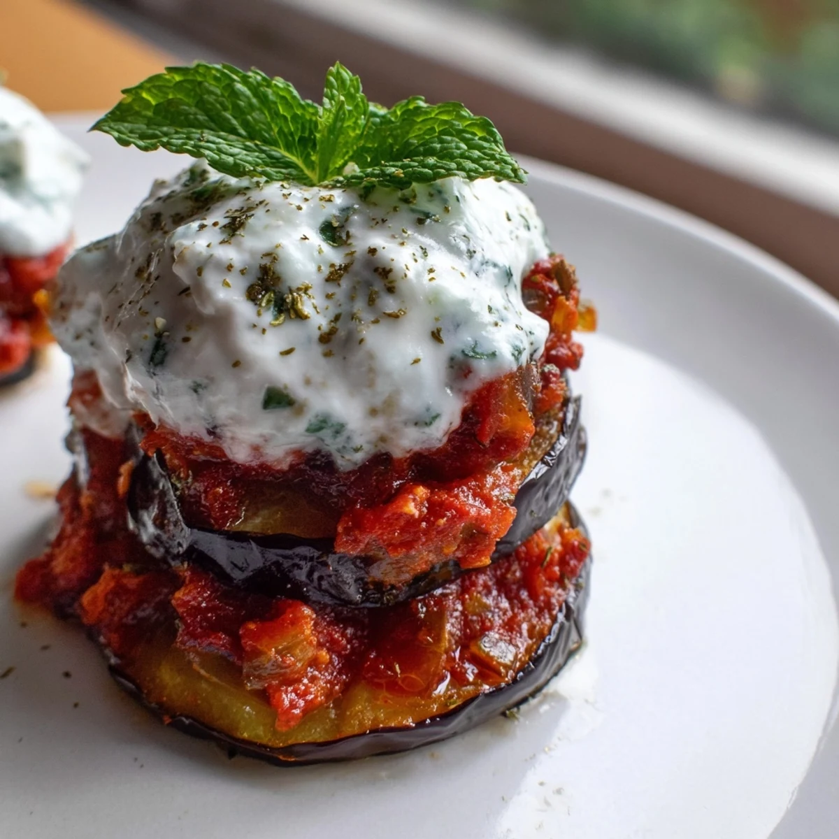 A close-up of Borani Banjan showing golden eggplant, rich tomato sauce, and a drizzle of yogurt.